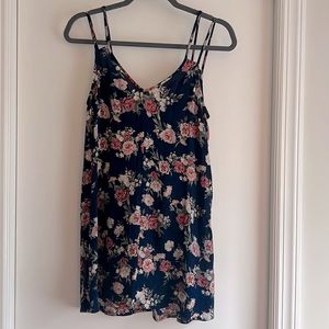 Double strap navy floral summer long tank blouse